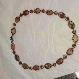 Brown and tan stone necklace silver clasps and bead accents